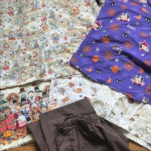Colorful Fall and Halloween Scrub tops and Brown scrub pants